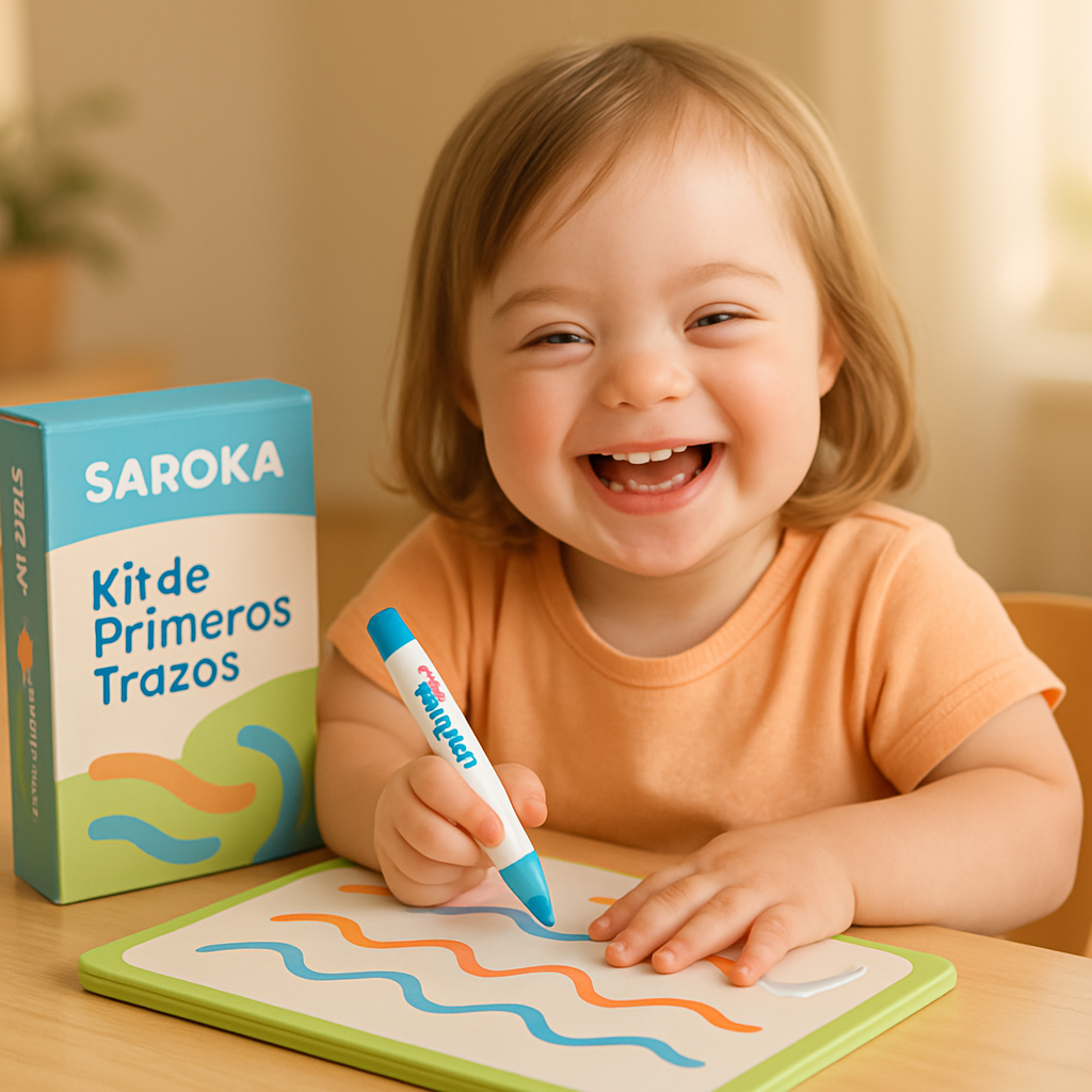 Niña feliz dibujando con el kit Saroka